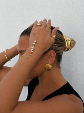 Gold & Shell Hand Chain Bracelet Ring Jewelry